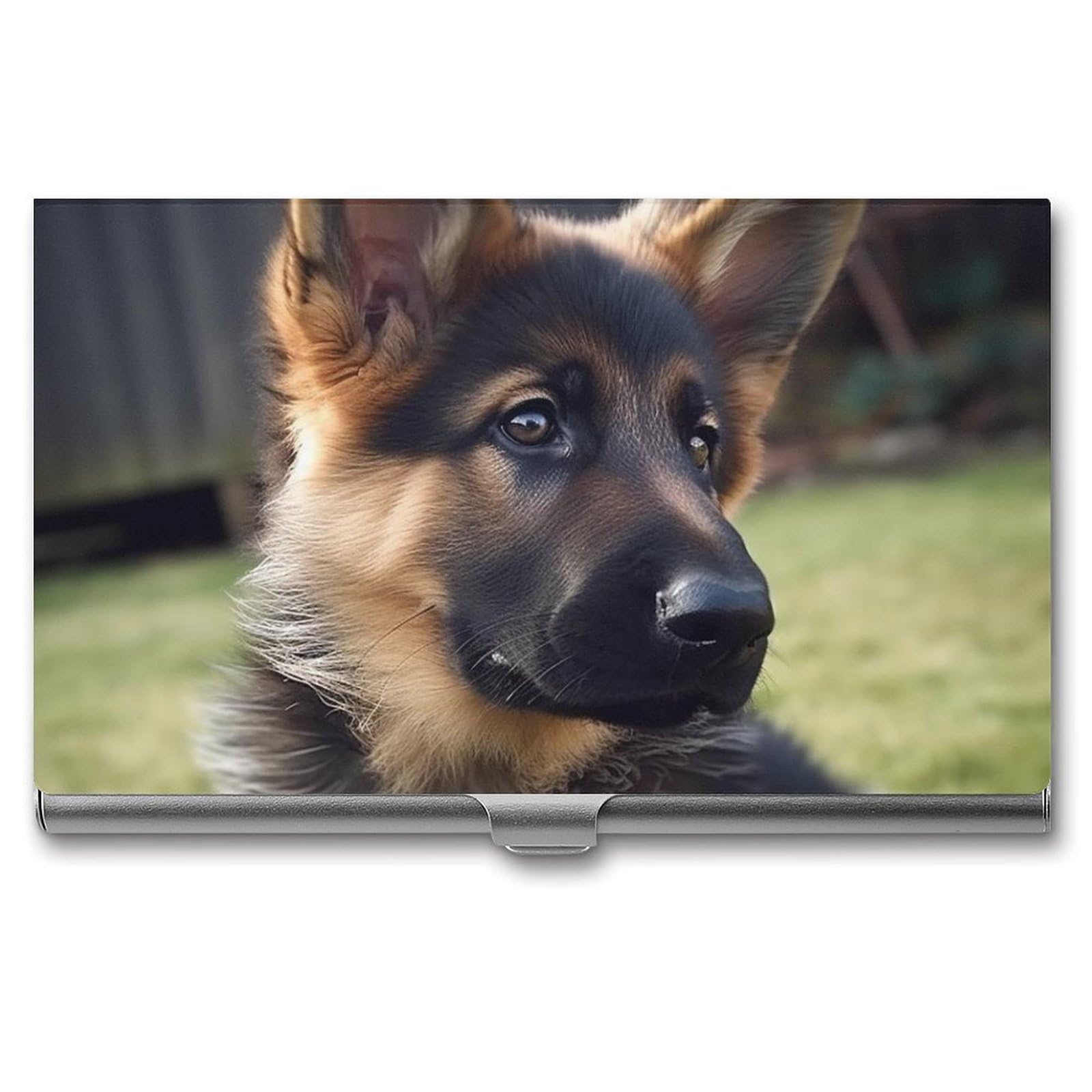 BTCOWZRV German Shepherd Puppy Business Card Holder Metal Slim Business Card Case, Pocket Card Holder for Men Women Purse Name Card Holder Stainless Steel Wallet Credit ID Case for Office