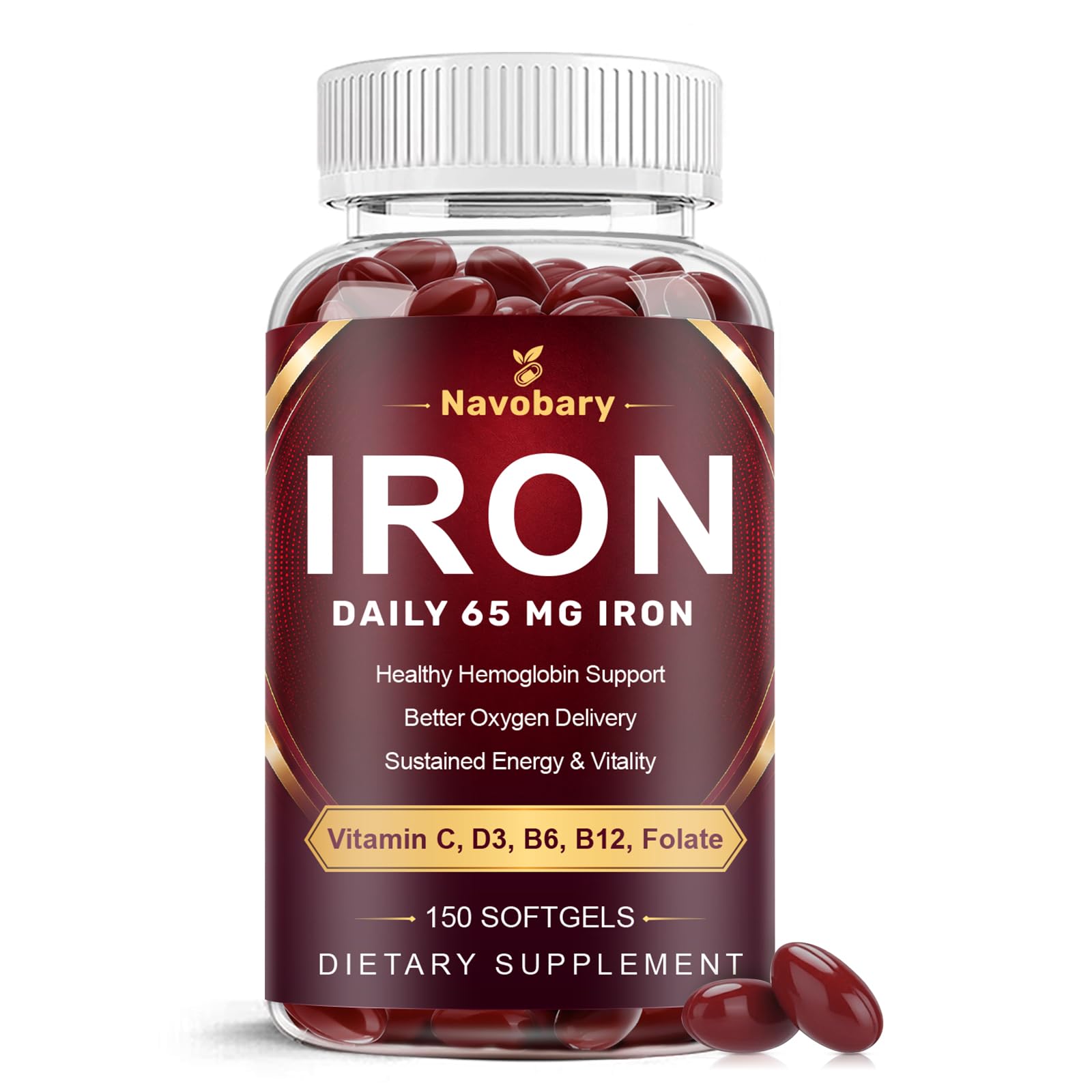 Navobary Suplemento de Ferro Bisglicinato 65 mg com Vitaminas B, B12 e Folato — 150 cápsulas gelatinosas