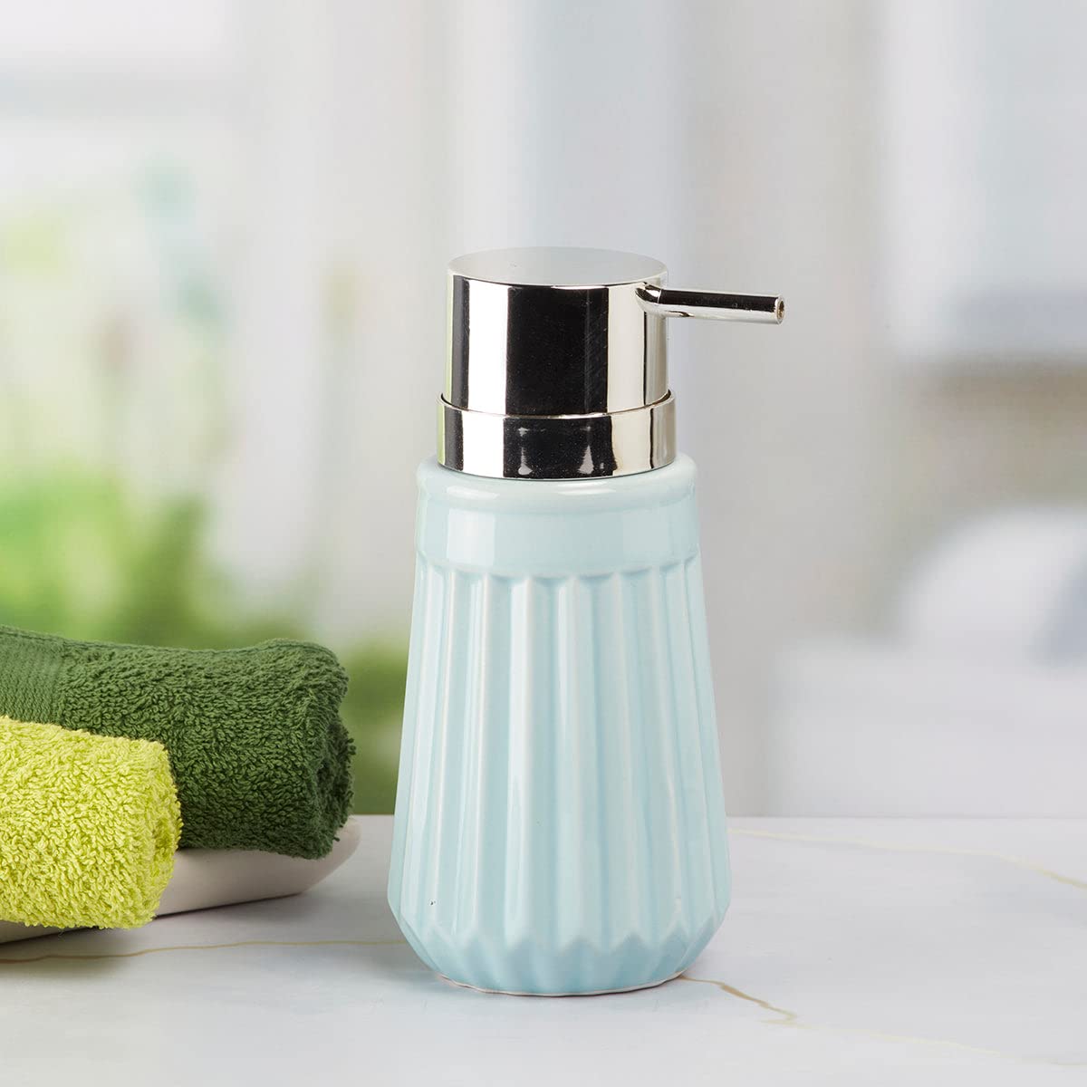 SaSaSa Ceramic Soap Dispenser for Bathroom handwash, refillable Pump Bottle for Kitchen Hand wash Basin, Set of 1, Blue (7980)-image-18