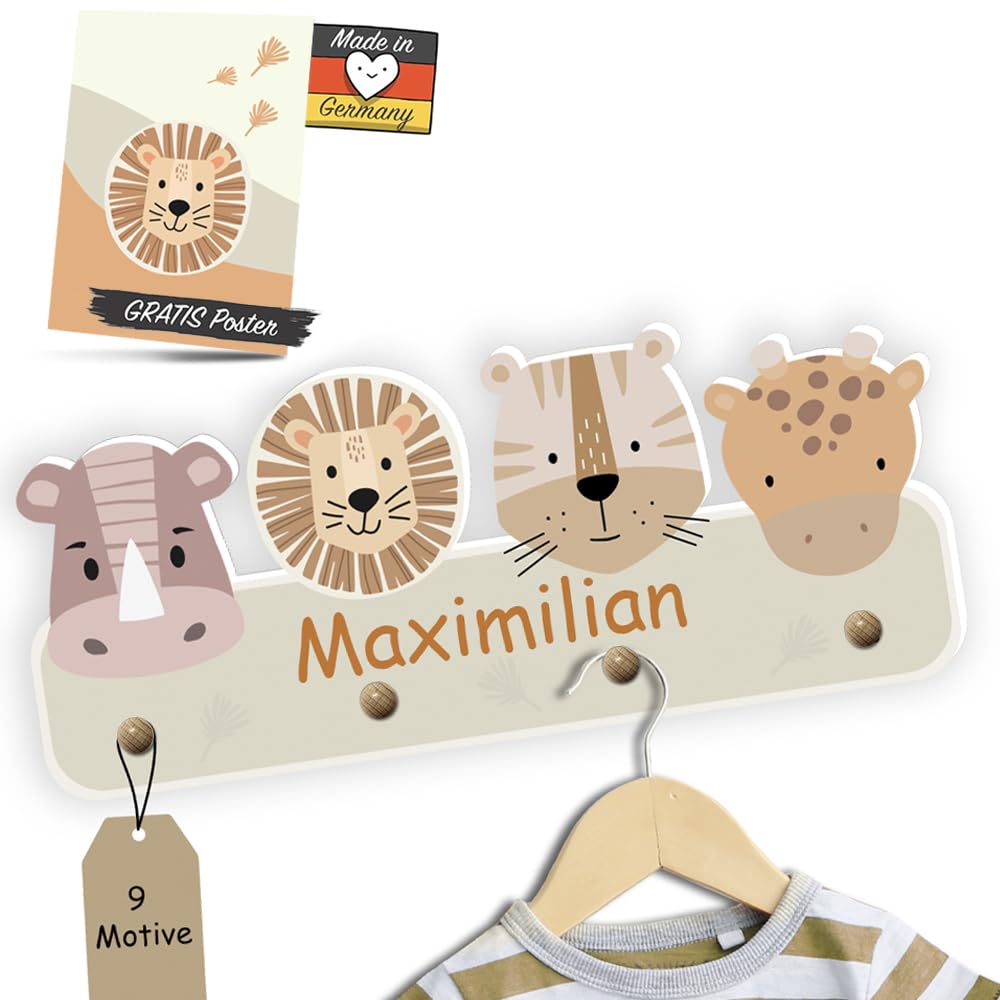 Garderobe mit Wunschname inkl. DIN A4 Poster - Personalisierte Kindergarderobe mit 4 Kleiderhaken für Kinder (Safari Natur)