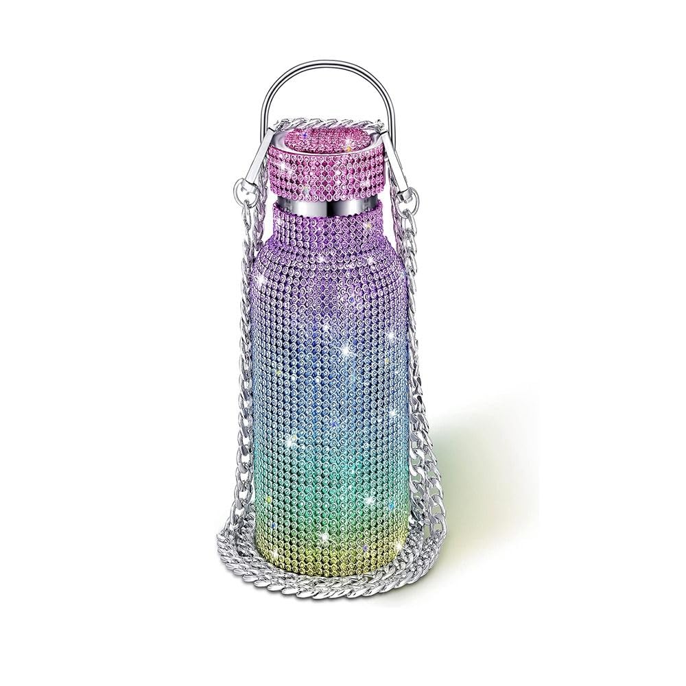 Water Bottle with Chain, 350/500/600/750/1000 Stainless Steel Glitter Tumbler with Chain, Bling Cups with Lids for Women Girl(350ml,Colorful)