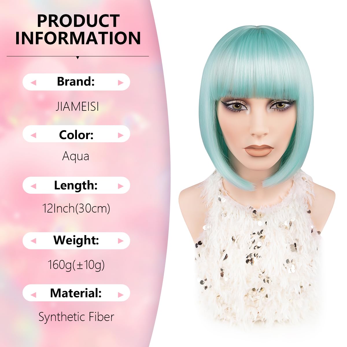 Short Bob Wigs with Bangs 12 Inch Coloured Bob Wig Heat Resistant Synthetic Fiber Straight Bob Wig for Women Girls Christmas Halloween Cosplay Party Fashion Looking (Aqua) - Image 2