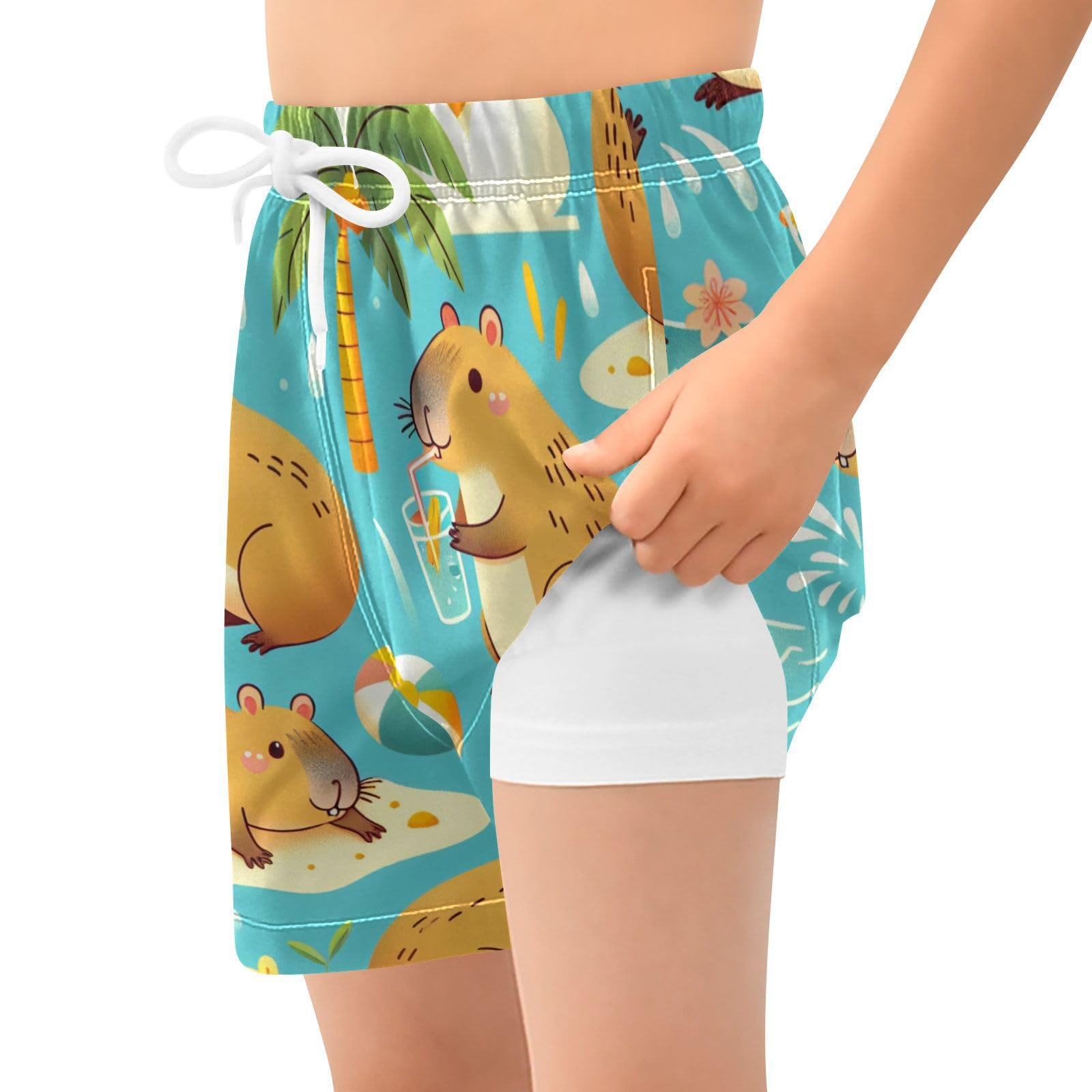 YANENDIE Boy Swim Trunks with Compression Liner Capybara Swimming Boys Swim Shorts Quick Dry Beach Shorts