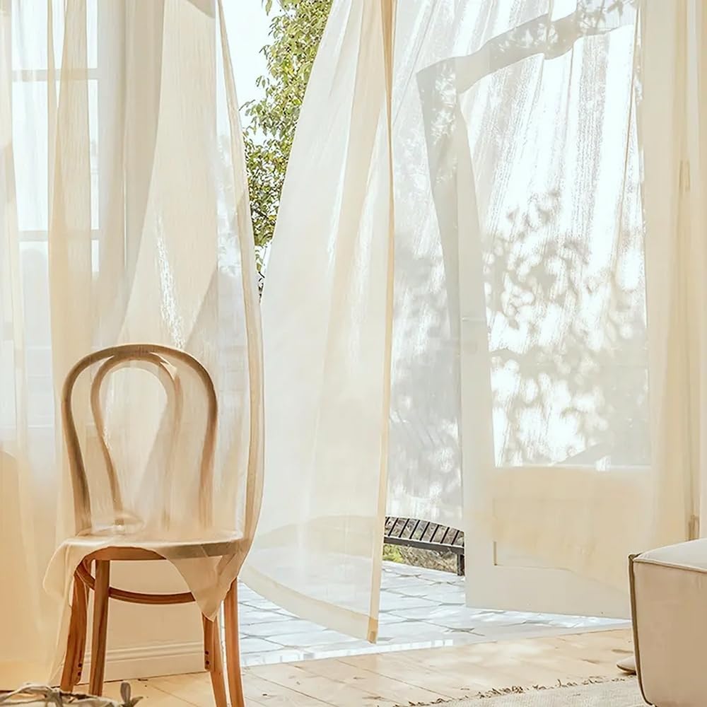 Solid Color Semi Sheer Sparkle Curtain Shimmer Shiny Glitter Metallic Light Filtering Voile for Bedroom Rod Pocket Fancy Modern Luxury Decorative Tulle Window Treatment 2 Panels Beige 75Wx96L inch