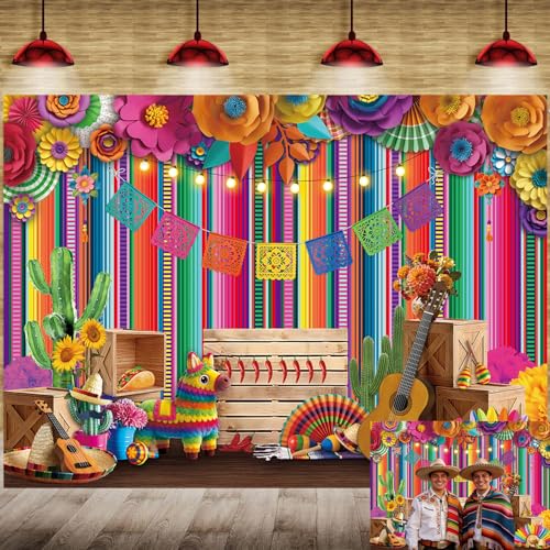 Mexican Fiesta Photography Backdrop 7x5FT 3D Paper Flower Colorful Striped Cinco De Mayo Banner Background Mexican Theme Party Decorations Supplies for Home Party
