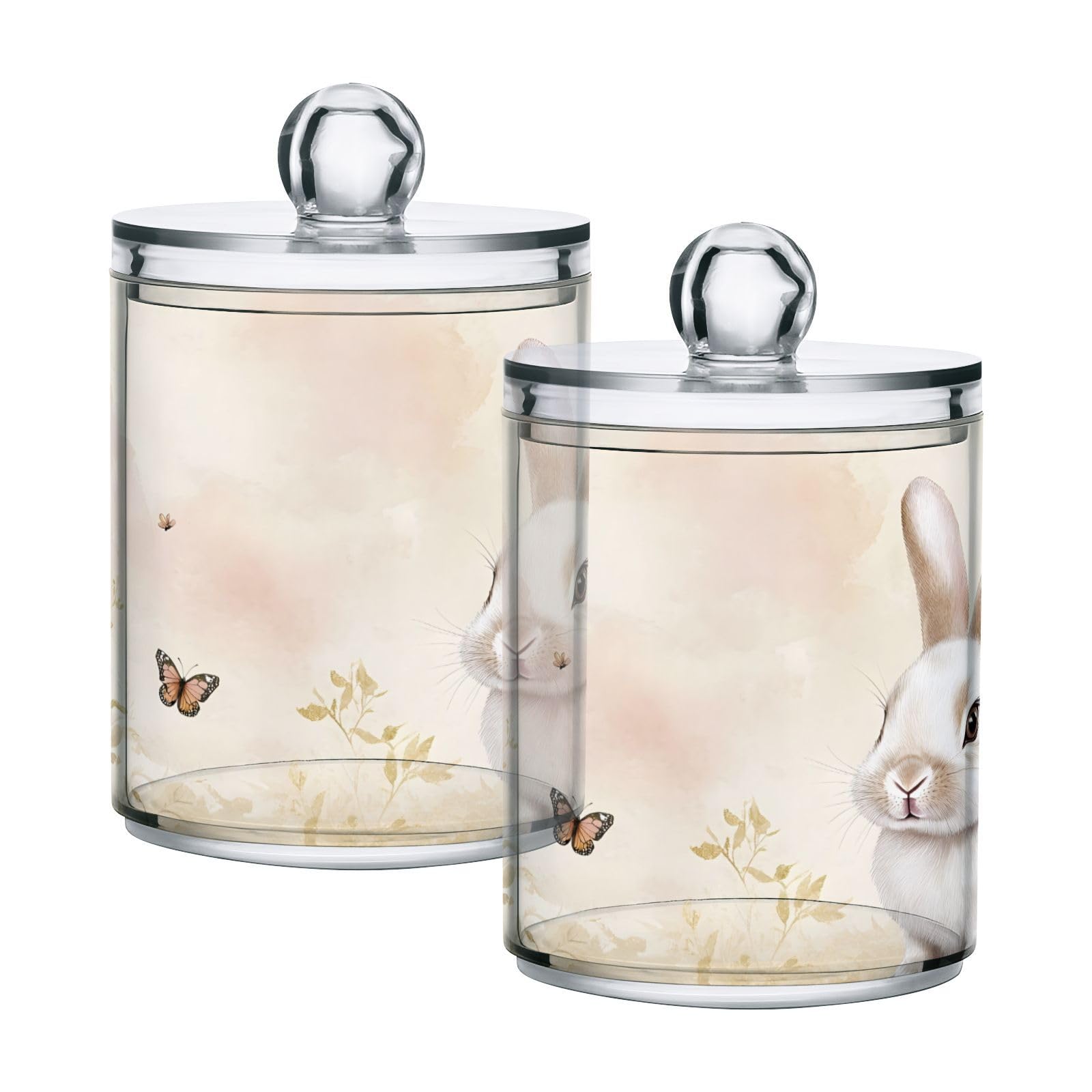ALAZA 2 Pack Qtip Holder Cute Rabbit Roses Butterfly, Cotton Swab Dispenser with Lid Bathroom Containers Canister Organizer Storage Jar