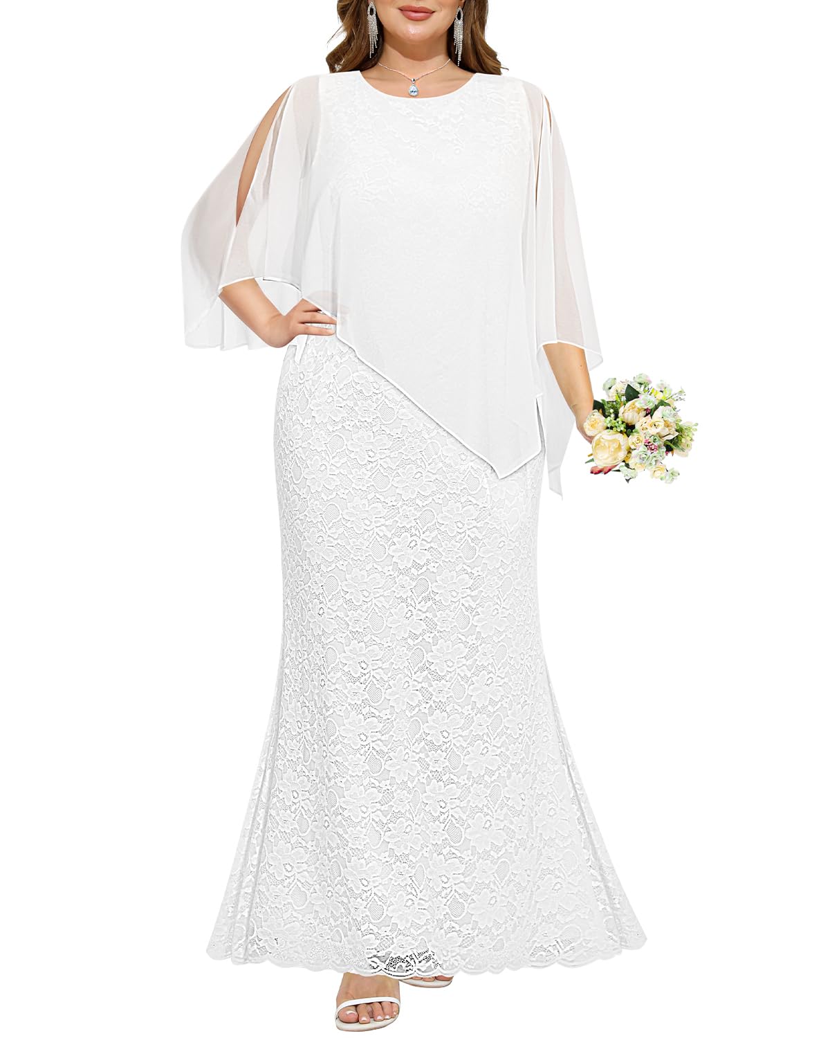Women's Plus Size Cape Dress with Chiffon Overlay Gown Formal Evening Lace Long Mermaid Dresses 2025