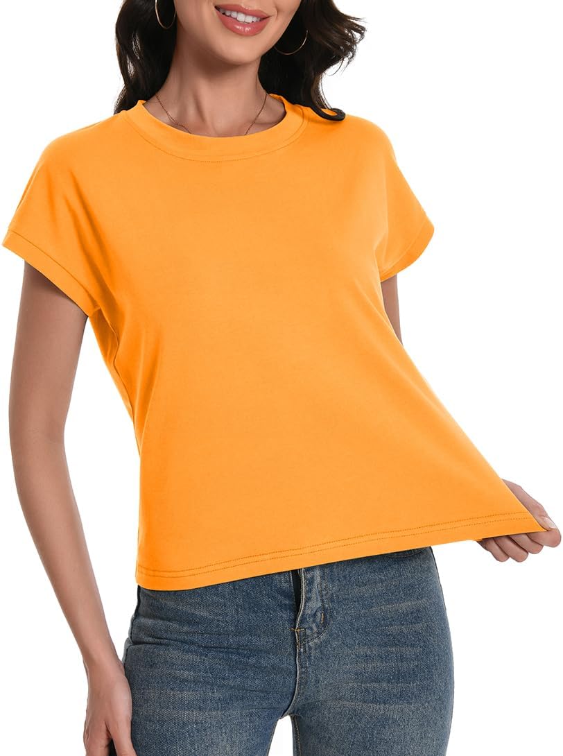 Womens Crop Tops Cap Sleeve Cotton T Shirts Crewneck Loose Fit Trendy Tee Summer Workout Tops 2025 - Image 4