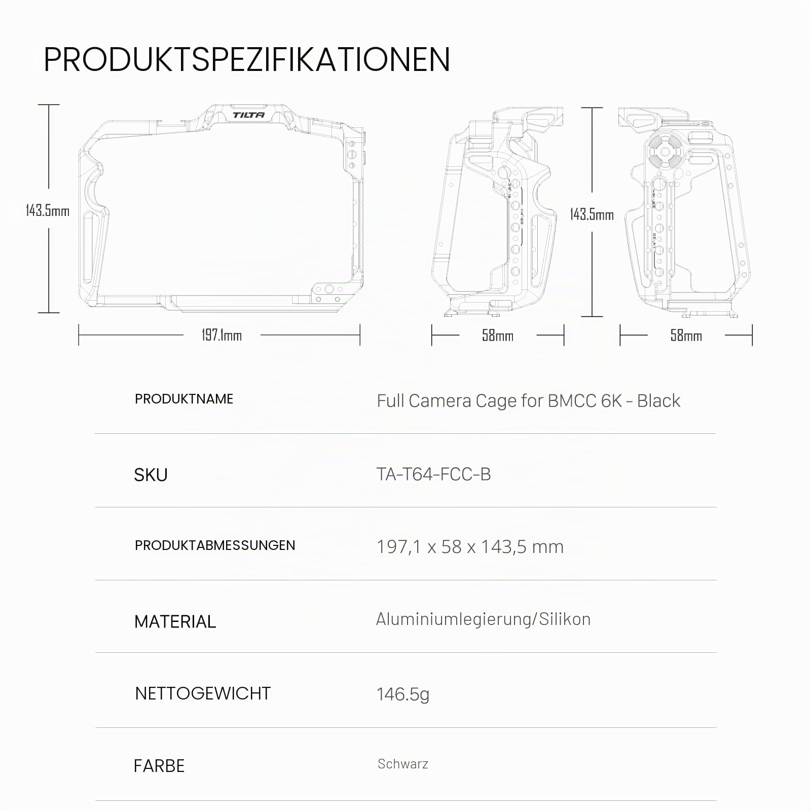 TILTA, BMCC-Käfig, vollständiger Kamerakäfig kompatibel mit BMCC 6K, Blackmagic Cinema Camera 6K mit Zubehör-Montagehalterung für Batteriegriff – Schwarz TA-T64-FCC-B