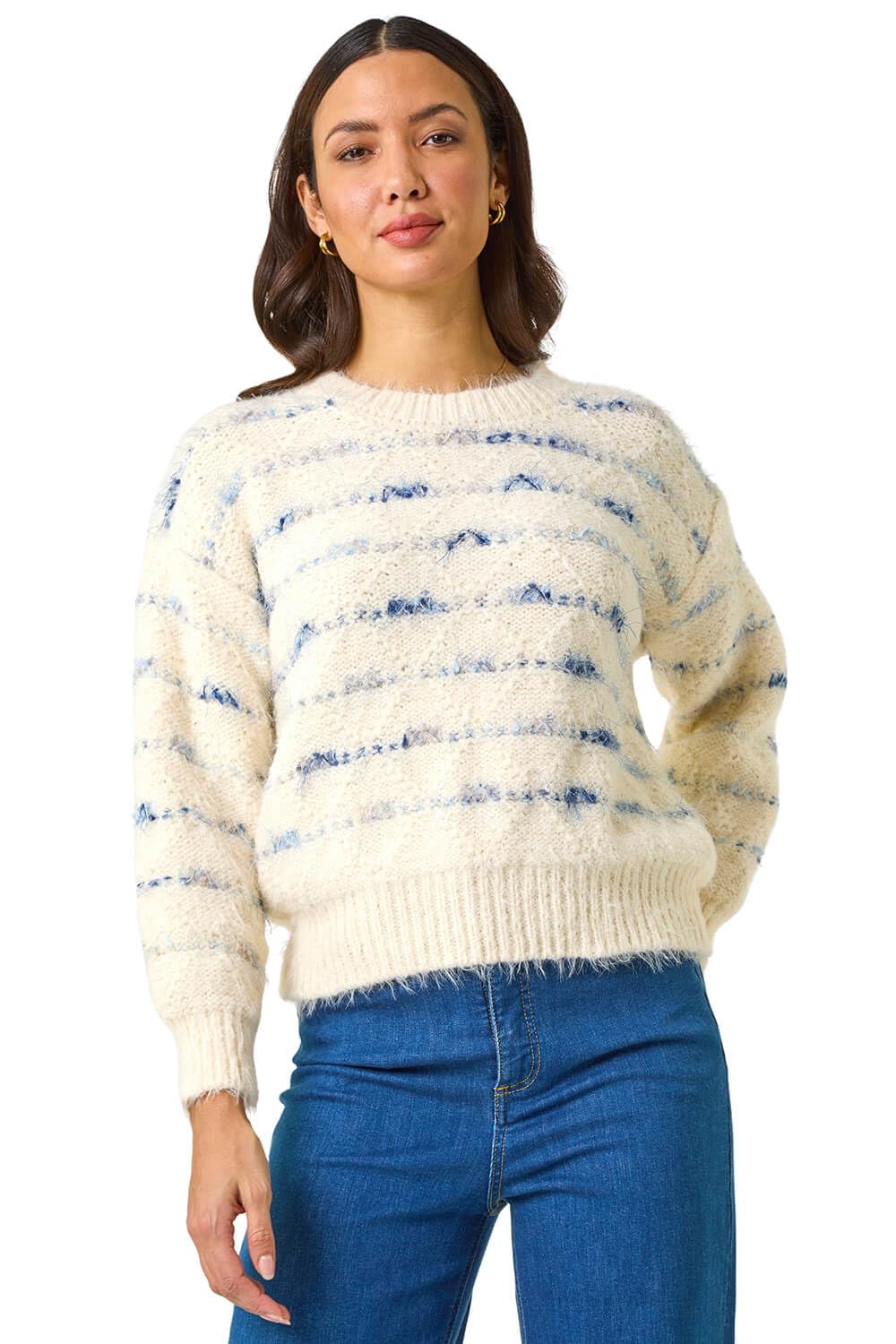 Roman Fluffy Yarn Jumper for Women UK Ladies Thick Sweater Warm Cosy Chunky Knitted Pullover Winter Furry Casual Smart Textured Everyday Cuddly Soft Knitwear - Ivory Blue - Size ONE