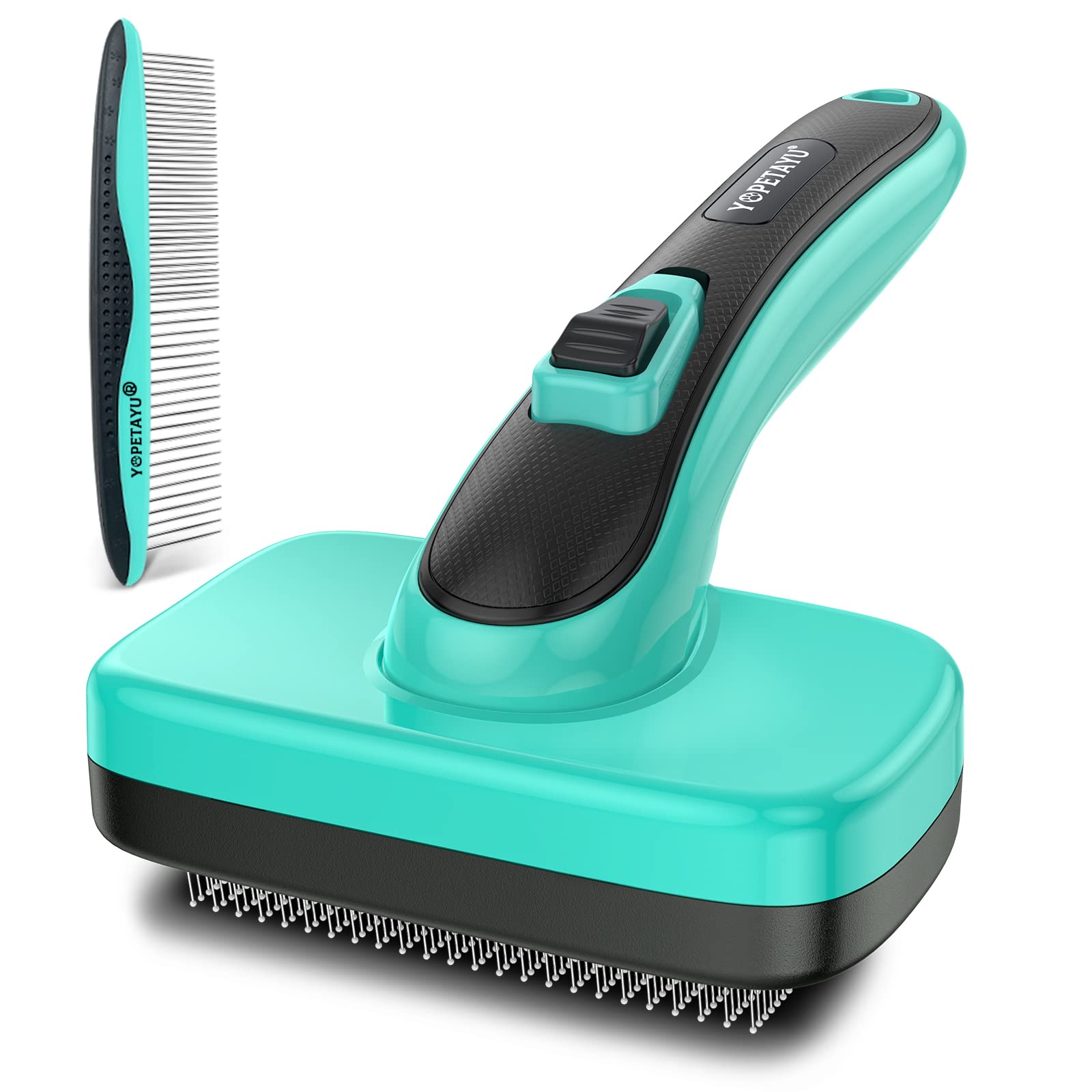 Dog Cat Self-Cleaning Slicker Brush for Shedding & Grooming Long Short Haired, Upgraded PAIN-FREE Bristles Gently Removes Loose Undercoat, Mats, Tangled Hair With All Hair Types + FREE Bonus Pet Comb