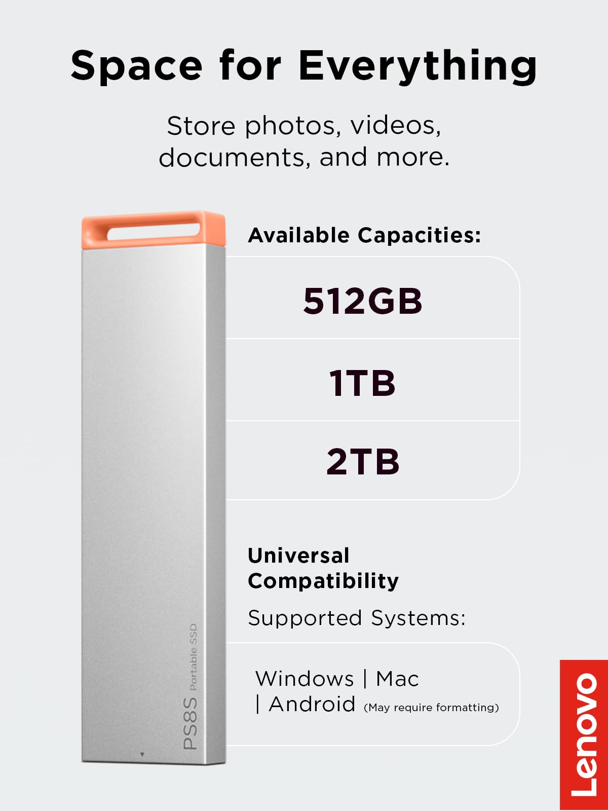 Lenovo PS8S SSD portatile da 2 TB, fino a 1050 MB/s in lettura, 1000 MB/s in scrittura, USB 3.2 USB-C, corpo in alluminio sottile e leggero (40 g), archiviazione affidabile per PC/Mac e Android