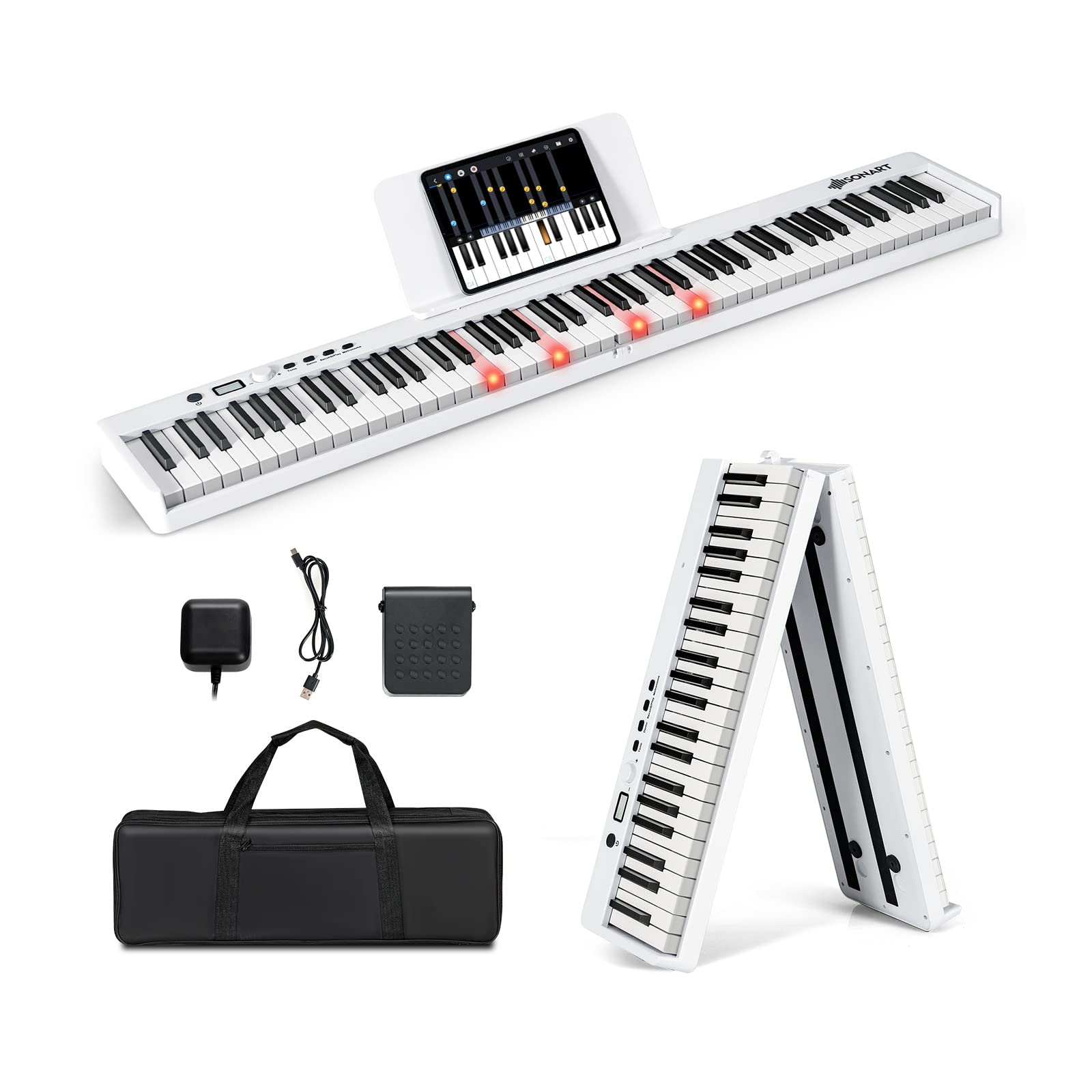 GOPLUS 88 Tastatur Elektronisches Klavier, Digitale Keyboard faltbar mit Bluetooth, Digital Piano mit 128 Rhythmen/Klänge & 20 Demo-Songs, E-Piano mit Tragetasche und Pedal, Farbwahl (Weiß)