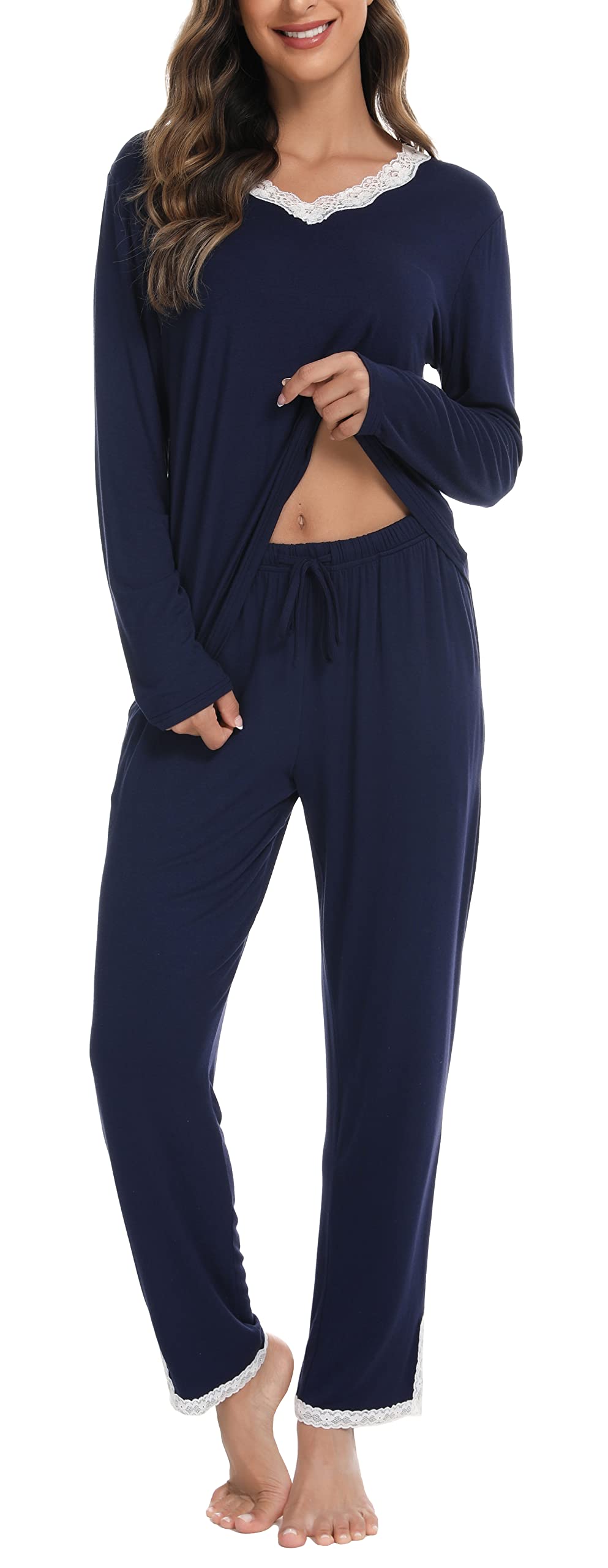 Lovasy Pigiama Donna Manica Lunga Pantaloni Lunghi Casual Scollo a V Top con Motivo a Pois Carino con Tasca Due Pezzi
