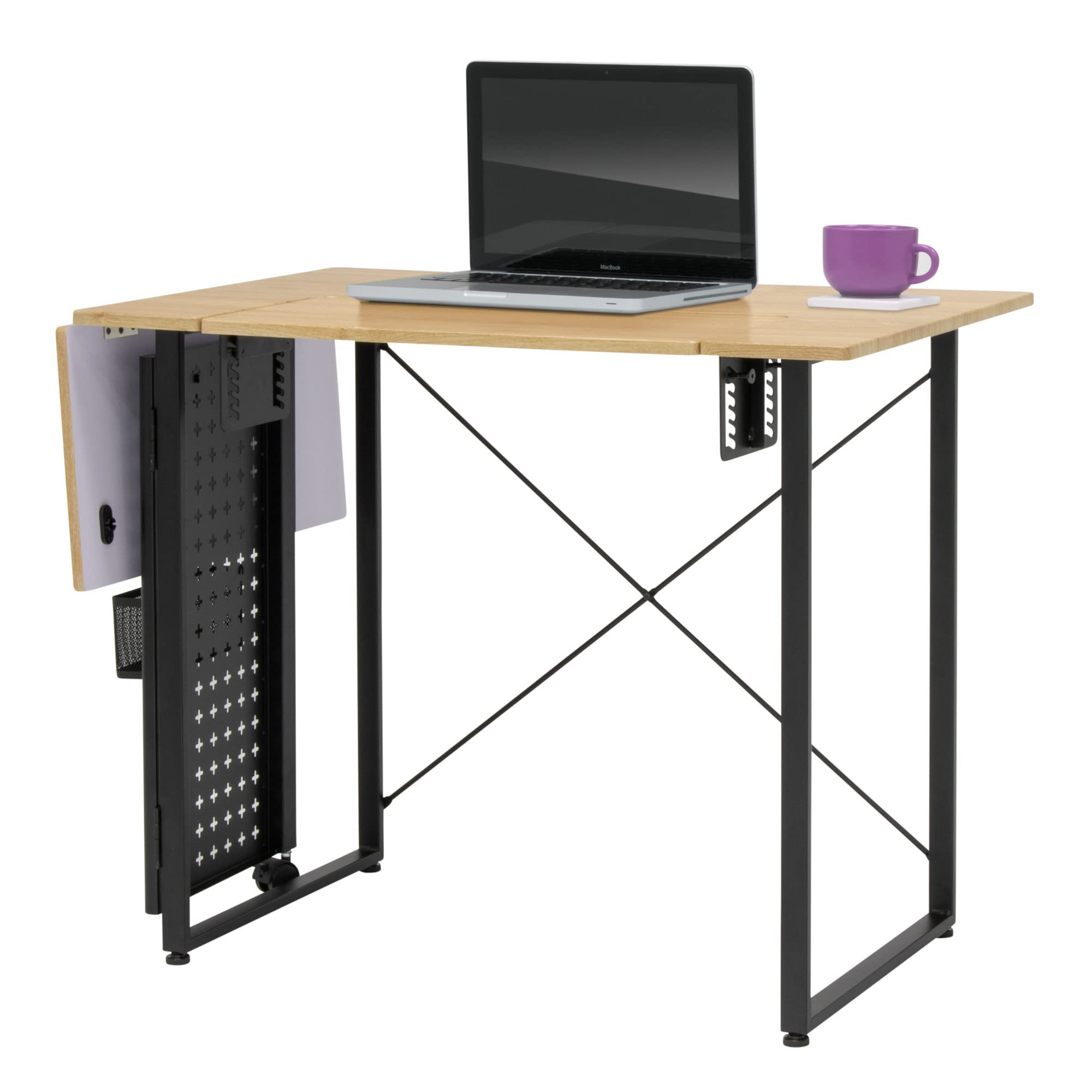 Table de couture en ligne avec panneau de rangement pliable, pieds en bois/noirs – Table pour machine à coudre avec plate-forme réglable, extension à rabat, crochets de rangement et paniers - 13395