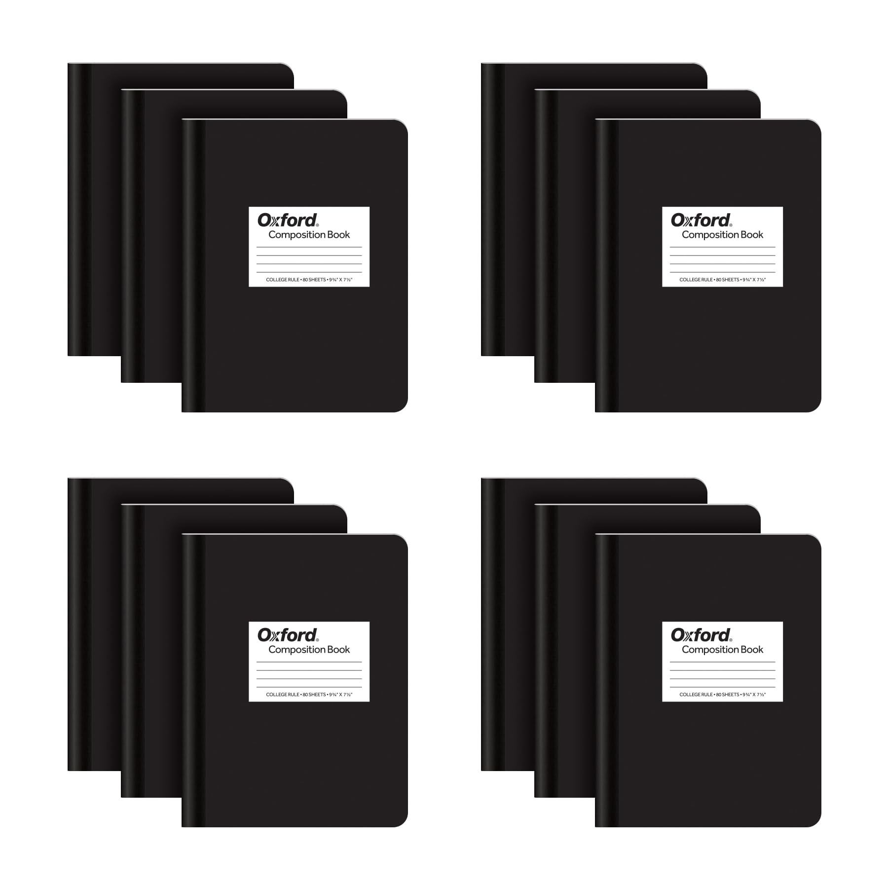 Oxford Composition Notebook 12 Pack, School Supplies, Notebooks for School, Writing Journals, College Ruled Paper, Note Taking Book, 7.5 x 9.75 Inches, 80 Sheets, Black Covers (63945)