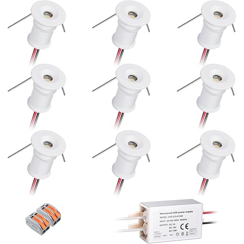 Mini Downlight DC12V 1W 5000K 9Pack White Shell,Used for Indoor Wardrobe Lighting, Cabinet Lighting, Artwork Mini Light, Embedded Downlight, DIY Mini Light(5000K,White,9Pack)