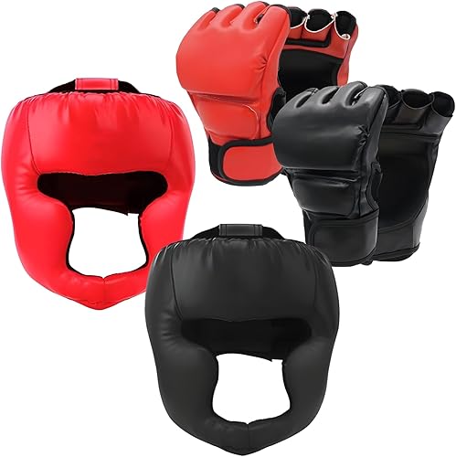 Miniatura 1 de Juego de 4 guantes de boxeo y sombreros, equipo de protección de boxeo para adultos, incluye 2 pares de guantes y 2 sombreros, cuero sintético y