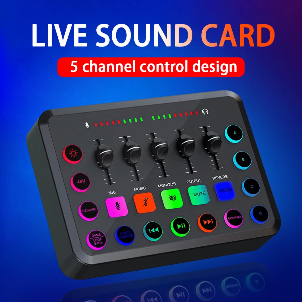 Mixer for Giochi con Scheda, Streaming Mixer RGB a 4 canali con interfaccia Microfono XLR, for Voce di Gioco, Podcast
