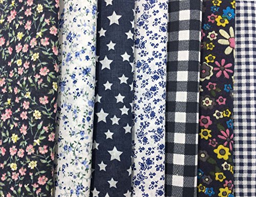 Quilting Fabric, Misscrafts 7pcs 50 x 50cm Cotton Blending Textile Craft Fabric Bundle Fat Quarter Patchwork Pre-Cut Quilt Squares for DIY Sewing Scrapbooking Dot Floral Pattern (Navy Blue)