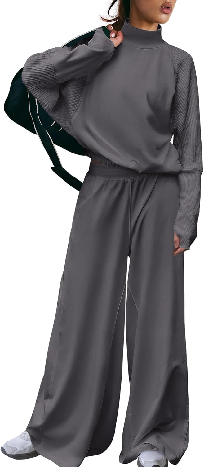Nirovien Womens 2 Piece Lounge Sets Sweatsuits Matching Sweat Sets Hight Neck Sweatshirt and Wide Leg Pants - Image 3
