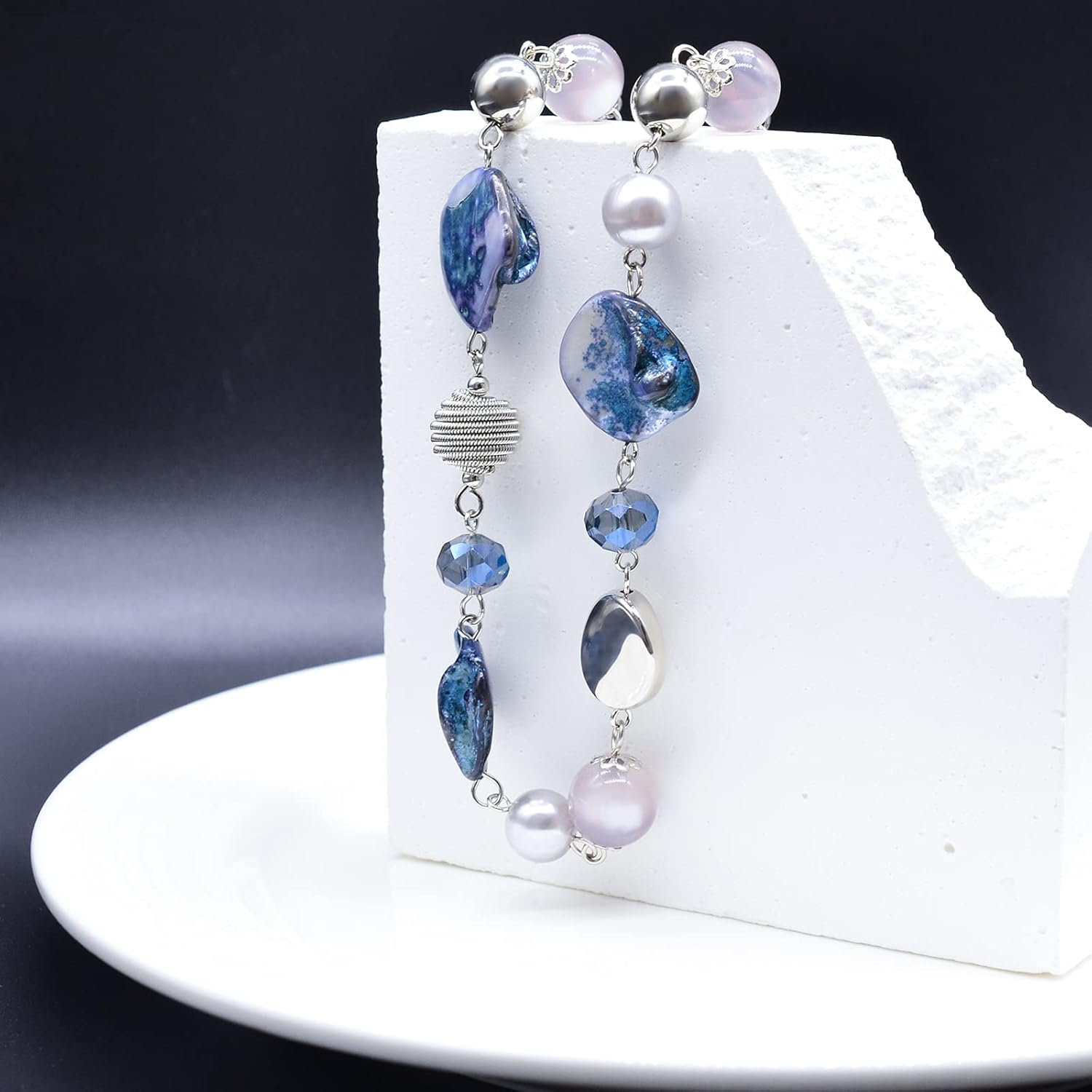 FULU AUTUMN Long Beaded Necklaces for Women Silver Link Chain Necklace with Shell Crystal Beads, Party Gifts for Her - Image 6