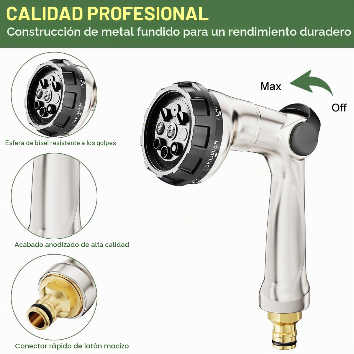 FANHAO Profesional Pistola de Riego, Pistola de Agua para Jardín, 8 Modos Ajustables, Pistola de Manguera con Interruptor de Pulgar para Riego de Césped, Lavado de coches y mascotas