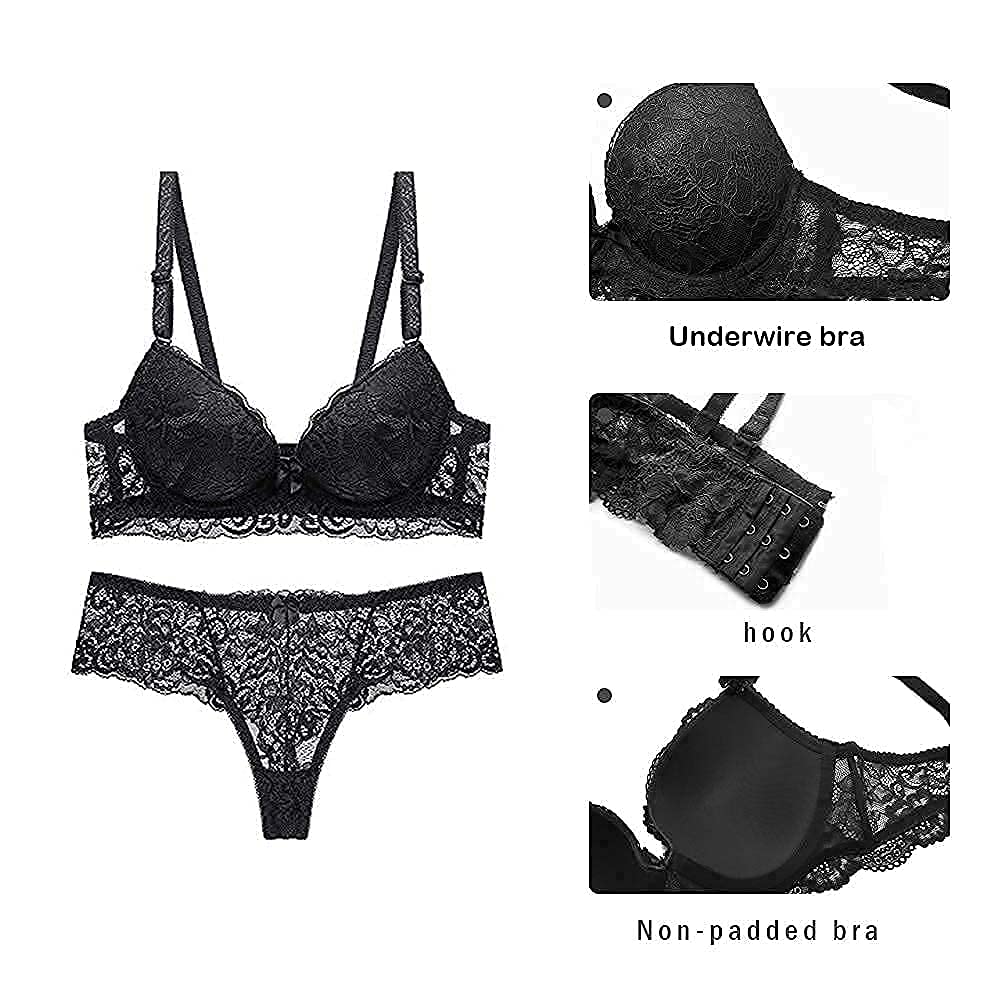 SHEKINI HEKINI Conjuntos de lencería Push up Sujetador y Tanga de Encaje Sexy Lingerie Set Sujertador Mujer con Aros sin Relleno Cómoda Bra y Tanga