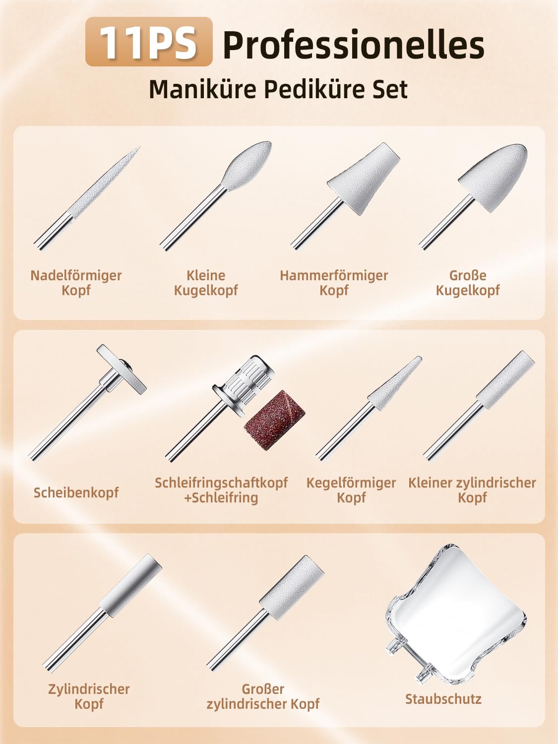 Nagelfräser Kabellos - 11 in 1 Tragbar Maniküre Set mit 10 Geschwindigkeiten und LED Licht, Pediküre Set Fußpflege Elektrisch, USB Wiederaufladbare Elektrische Nagelfeile für Gelnägel, Acrylnägel