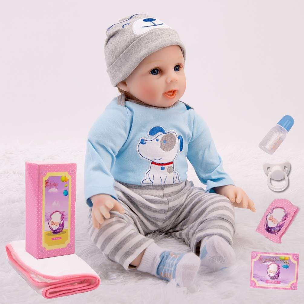 Reborn Baby Dolls,Real Looking Lifelike Boy Doll Toddler 22inch with 10-piece-set Gift Box, Realistic Handmade by Soft Silicone as Kids Toys