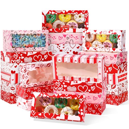 60 Valentine’s Day Bakery Treat Boxes - 12 x 5.5 x 2.5 Inches Cupcake Cookie Goodie Boxes with Window for Mother’s Day Chocolate Packaging