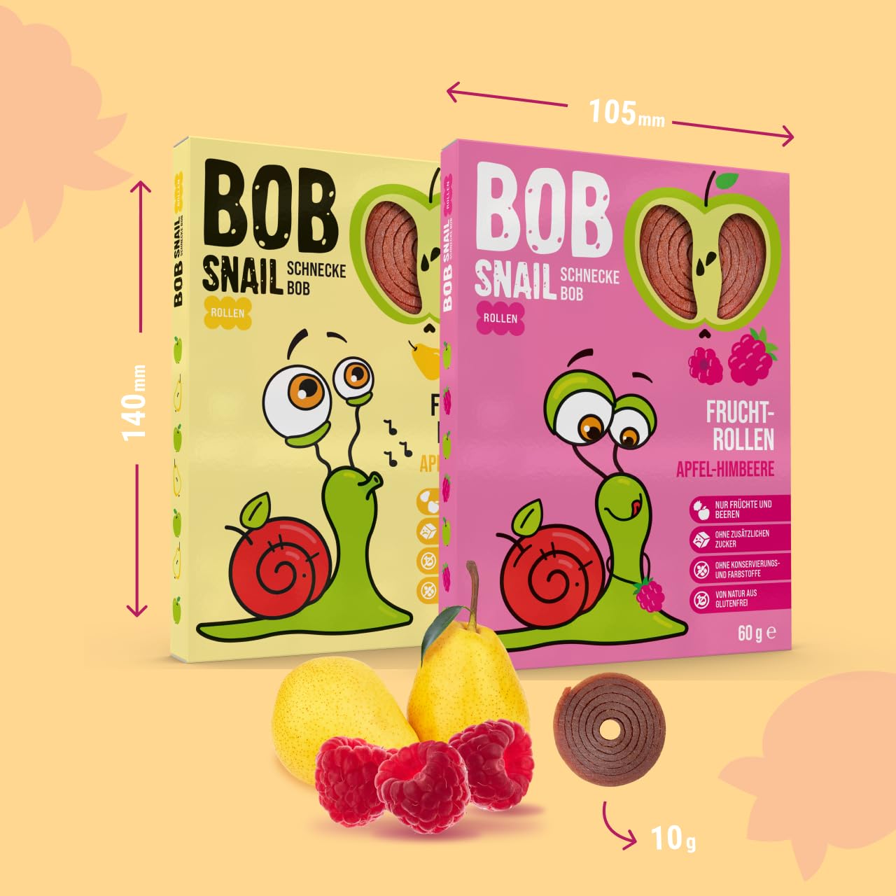 BoB Snail Fruchtrollen aus 100 % Trockenobst – Apfel-Birne & Apfel-Himbeere (je 10 Stück, 20×60 g) – vegan, ballaststoffreich, kalorienarm & ohne Zuckerzusatz – natürlicher Fruchtsnack ohne Zusatzstof