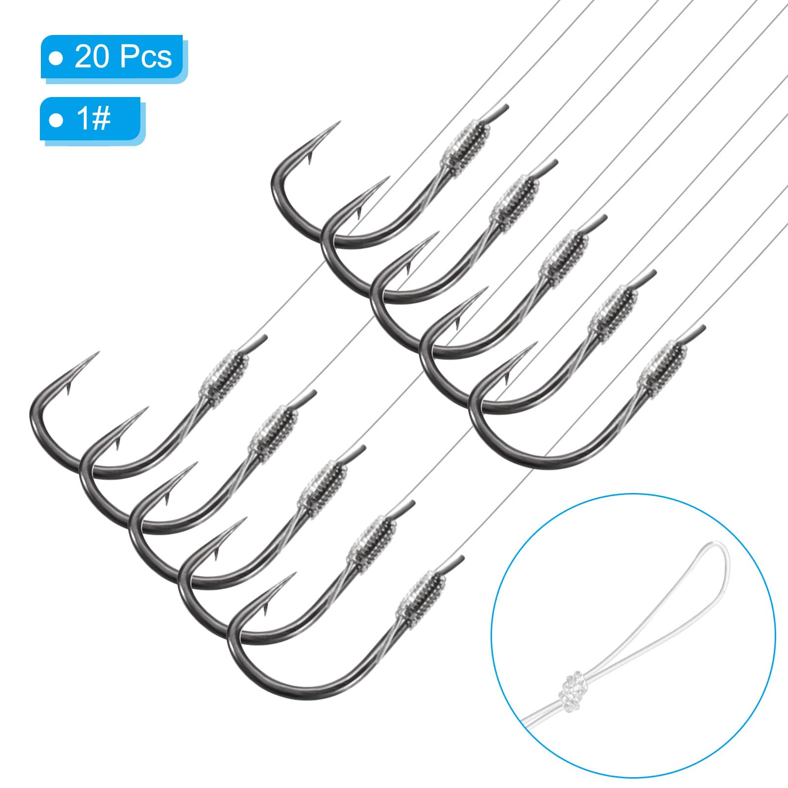 PATIKIL 1# Small Fishing Hooks with 45cm Line, 20Pcs 0.28x0.16 Inch Double Hook Rigs with Barbs Fishing Hook on Nylon Line for Freshwater, Silver Tone - Image 3