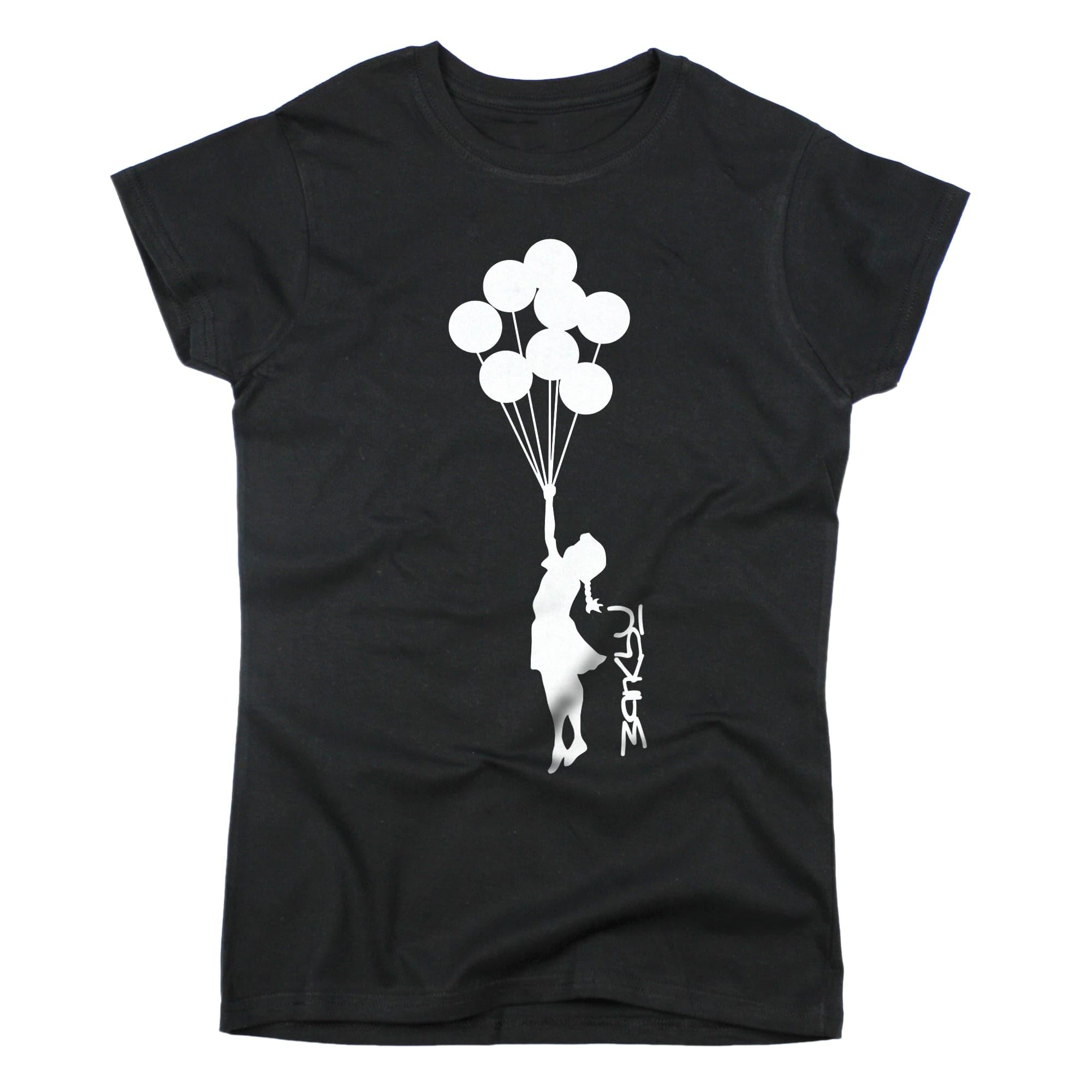 Nutees Banksy Girl with Balloons Graffiti Women T-Shirt (Black), Medium