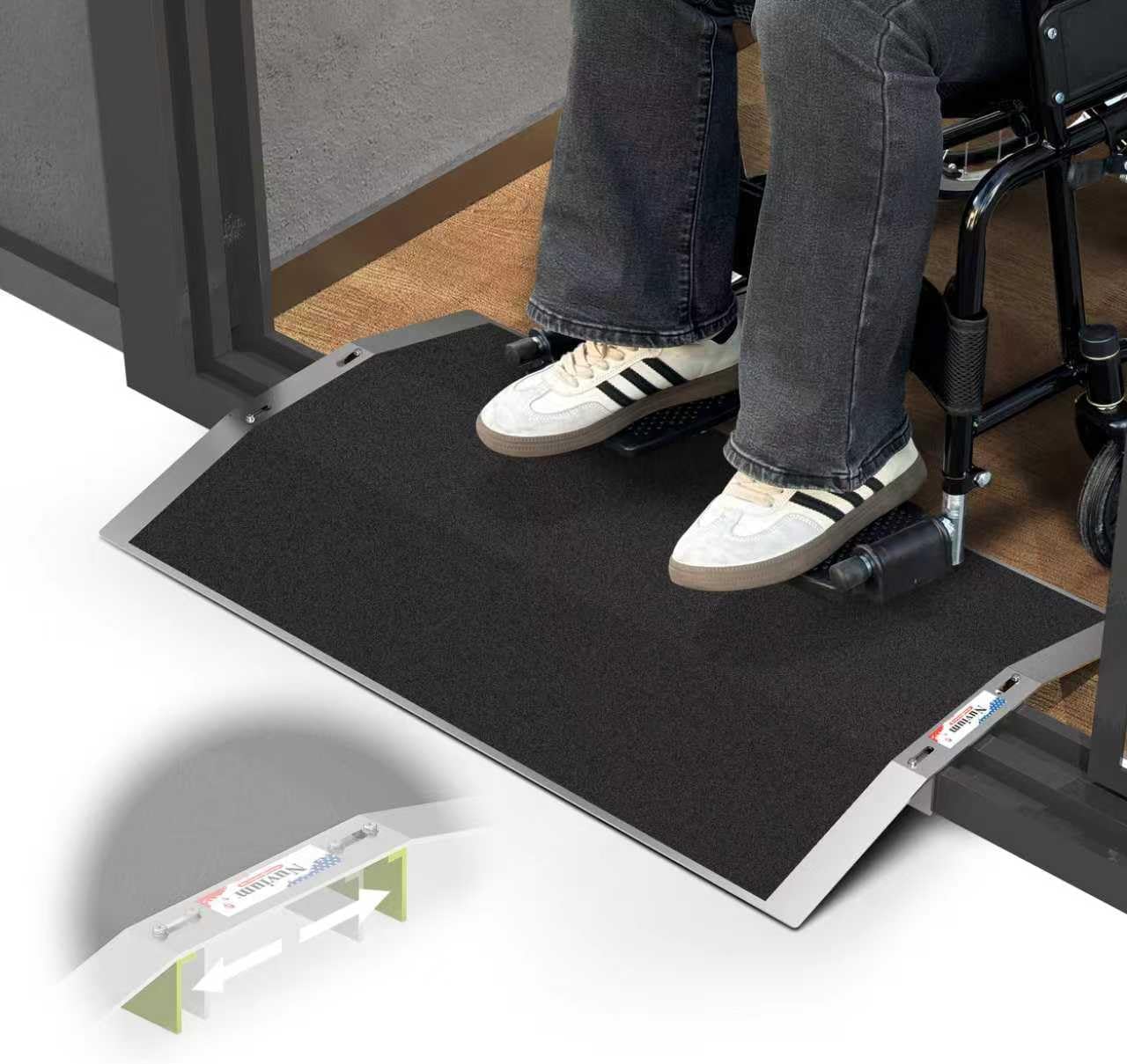 27.6"L×1.6"H Bridge Threshold Ramps for Doorways, Fits 2.8–5.1" Wide Thresholds with Adjustable Support Bars, Non-Slip Aluminum Wheelchair Ramps for Home Steps, Sliding Door Ramp for Wheelchair 27.6"L & 2.8–5.1" Wide