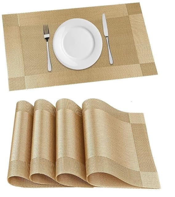 FIDEO (Gold) Premium PVC Dining Table Placemats Set of 4 | Heat Resistant | Non Slip | Washable Woven Vinyl Table Mats | Stain Resistant Surface Protector for Kitchen Dining Room | 45 x 30 cm