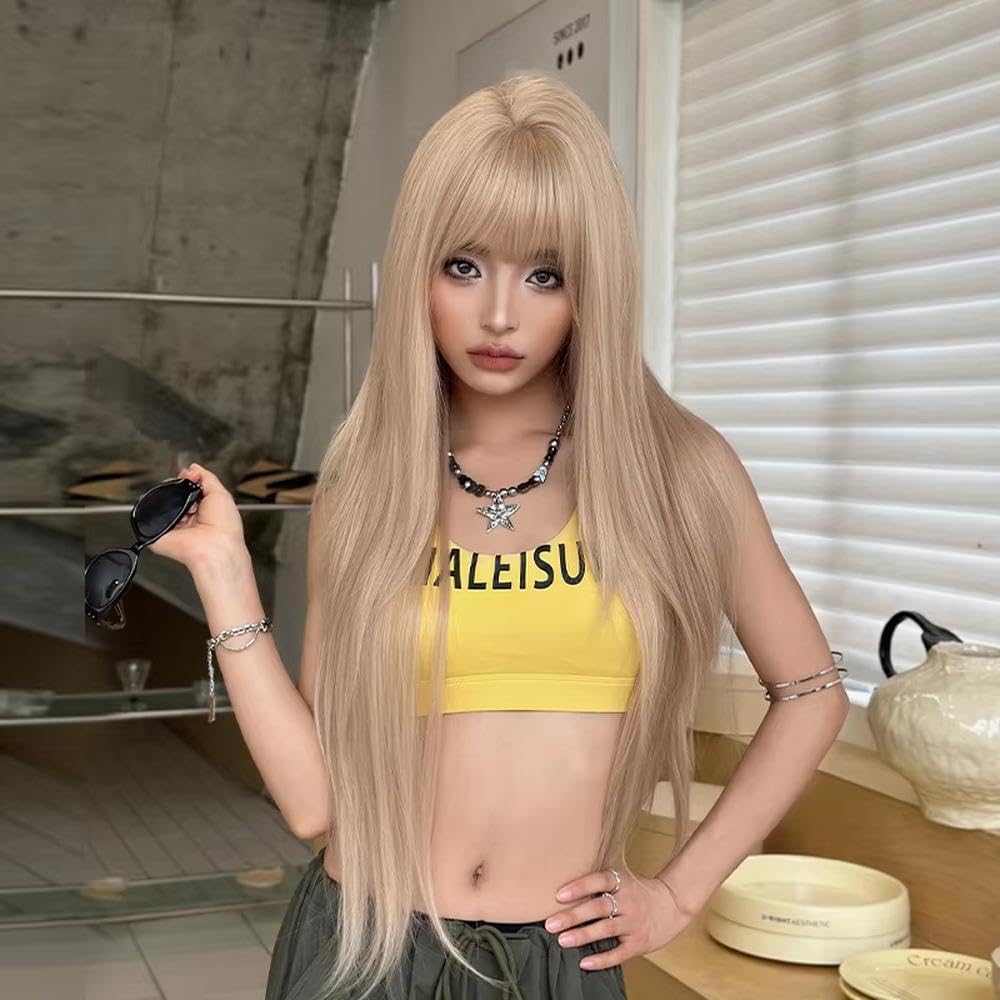 Haarpflege 28-Zoll-blonde Lange Geschichtete Gerade Perücken Für Frauen Superlange Gerade Perücke Mit Pony Hitzebeständige Faserperücken