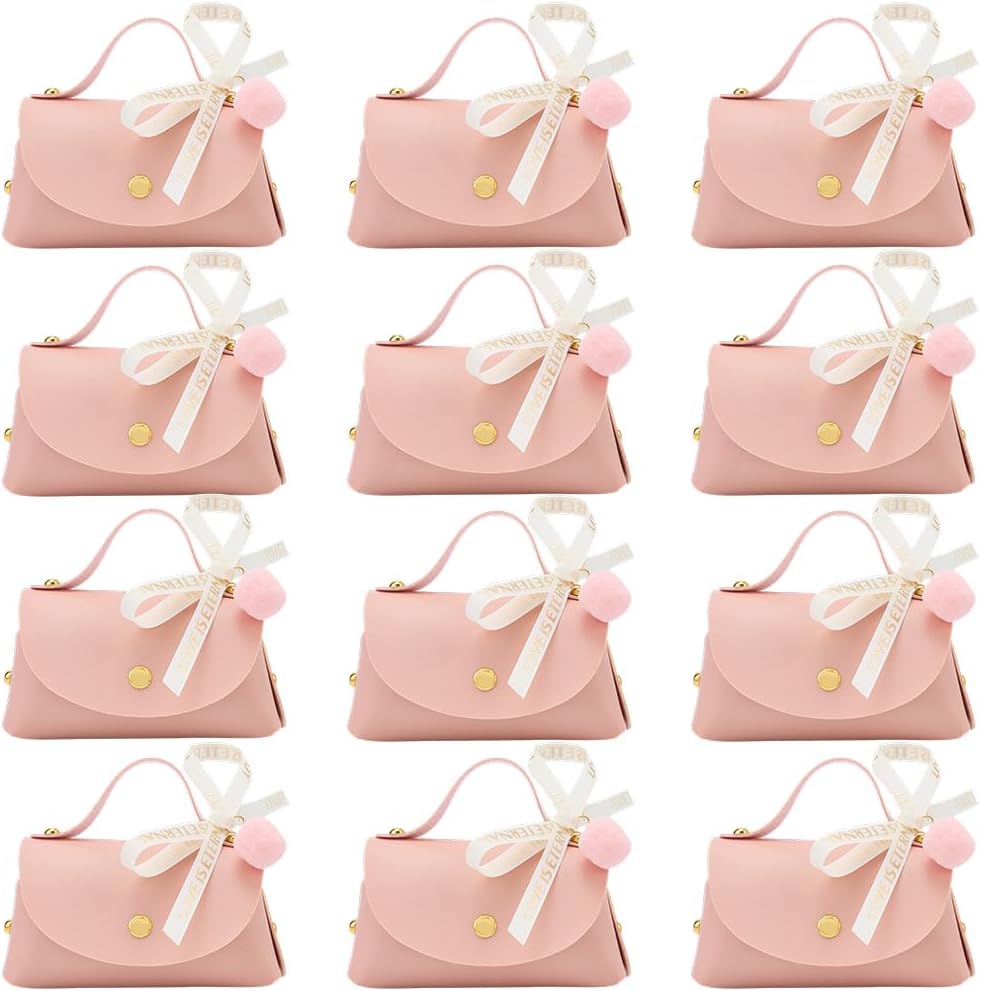 CALFOVERA 12 Sets Pink PU Leather Party Favor Boxes Mini Leather Gift Wrapping Handbags Reusable Chocolate Candy Bags Elegant Treat Purses with Ribbons for Birthday Wedding Halloween Christmas - Image 3