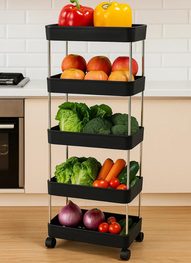 Leaffybezz Plastic 5 Layer Multipurpose Kitchen Trolley With Wheels, Space Saving Home Storage Organizer Rack Vegetable Trolley Rack Stand For Living Room, Bedroom, Office (Black)-image-32