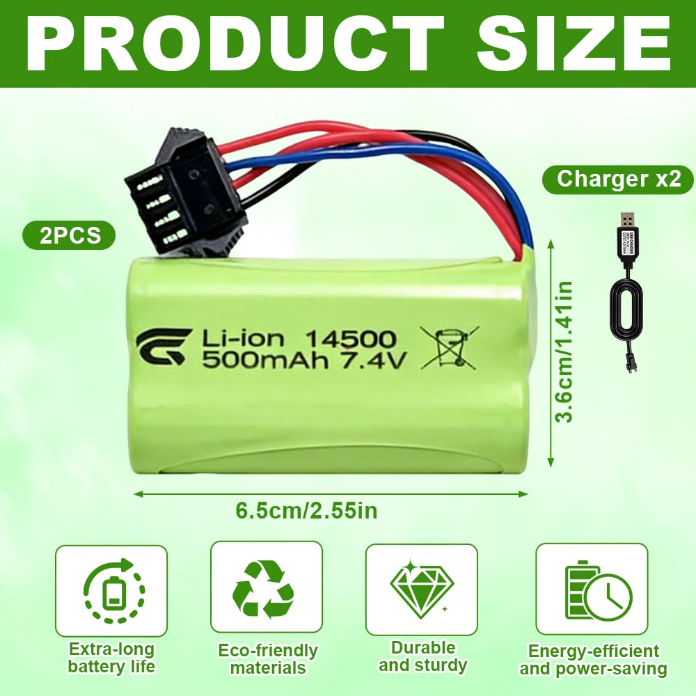 Batteria agli ioni di litio da 7,4 V, 500 mAh, ricaricabile, 14500 agli ioni di litio, 7,4 V, con spina SM-4P 4 pin, batteria RC per RC Drone, robot, Airplane universale