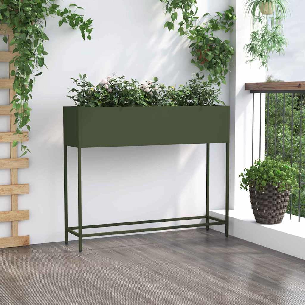 Podwyższona grządka ogrodowa, oliwkowa zieleń, 100 x 26 x 82 cm, wytrzymała metalowa donica na rośliny do warzyw i kwiatów, podwyższone doniczki z ocynkowanej stali
