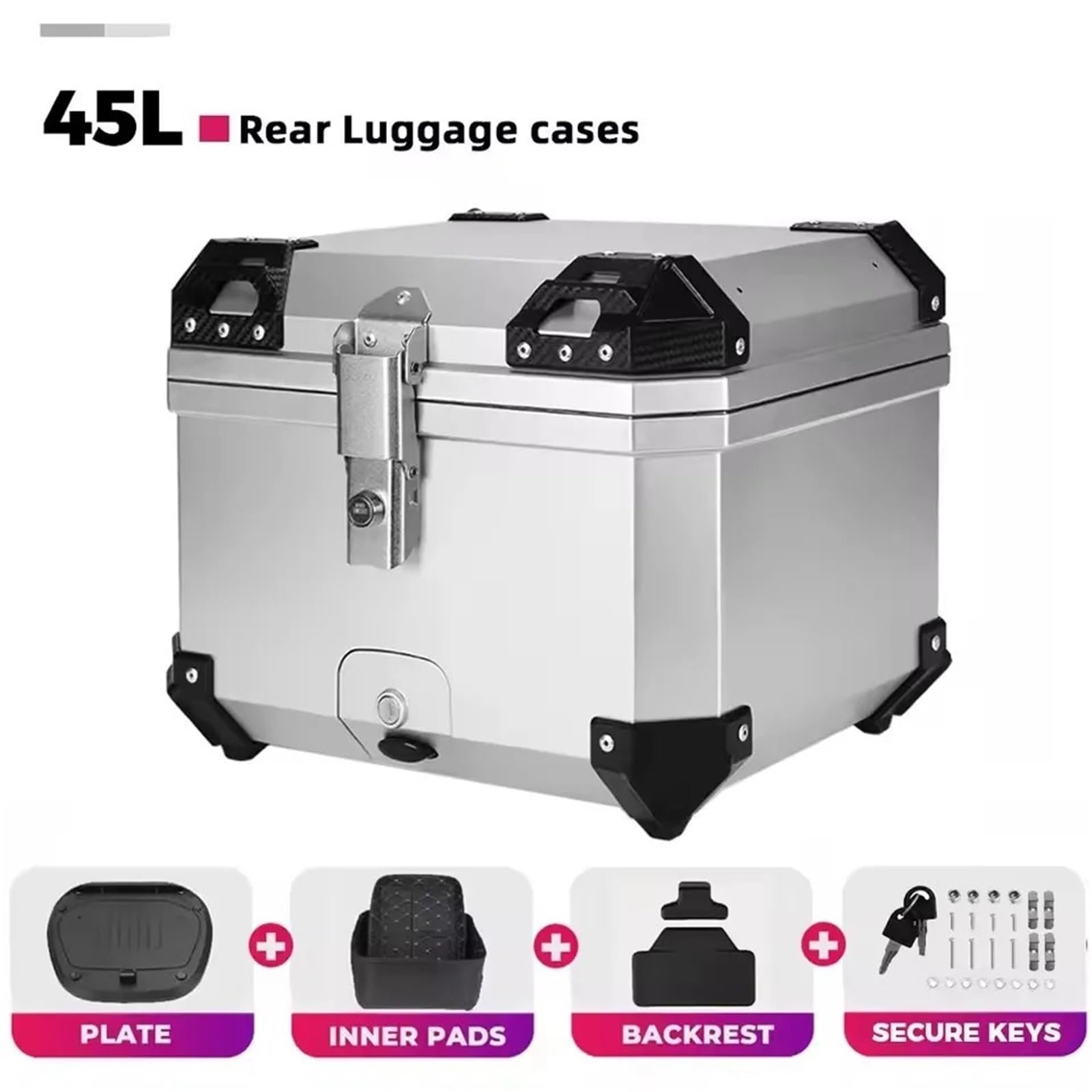 Motocicleta Top Case Caja Universal de plástico para Casco de Motocicleta de 45 l, Resistente al Agua y con absorción de Impactos, con 2 Llaves. Caja de Cola Motocicleta(45L Silver Box)