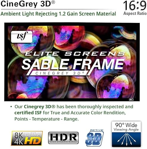 Elite Screens Sable Frame Cinegrey 3D, 120-Inch Diagonal 16:9, 8K 4K Ultra Hd Ready Ceiling And Ambient Light Rejecting Fixed Frame Projector Screen, Cinegrey 3D Projection Material, Er120Dhd3 #TOP1