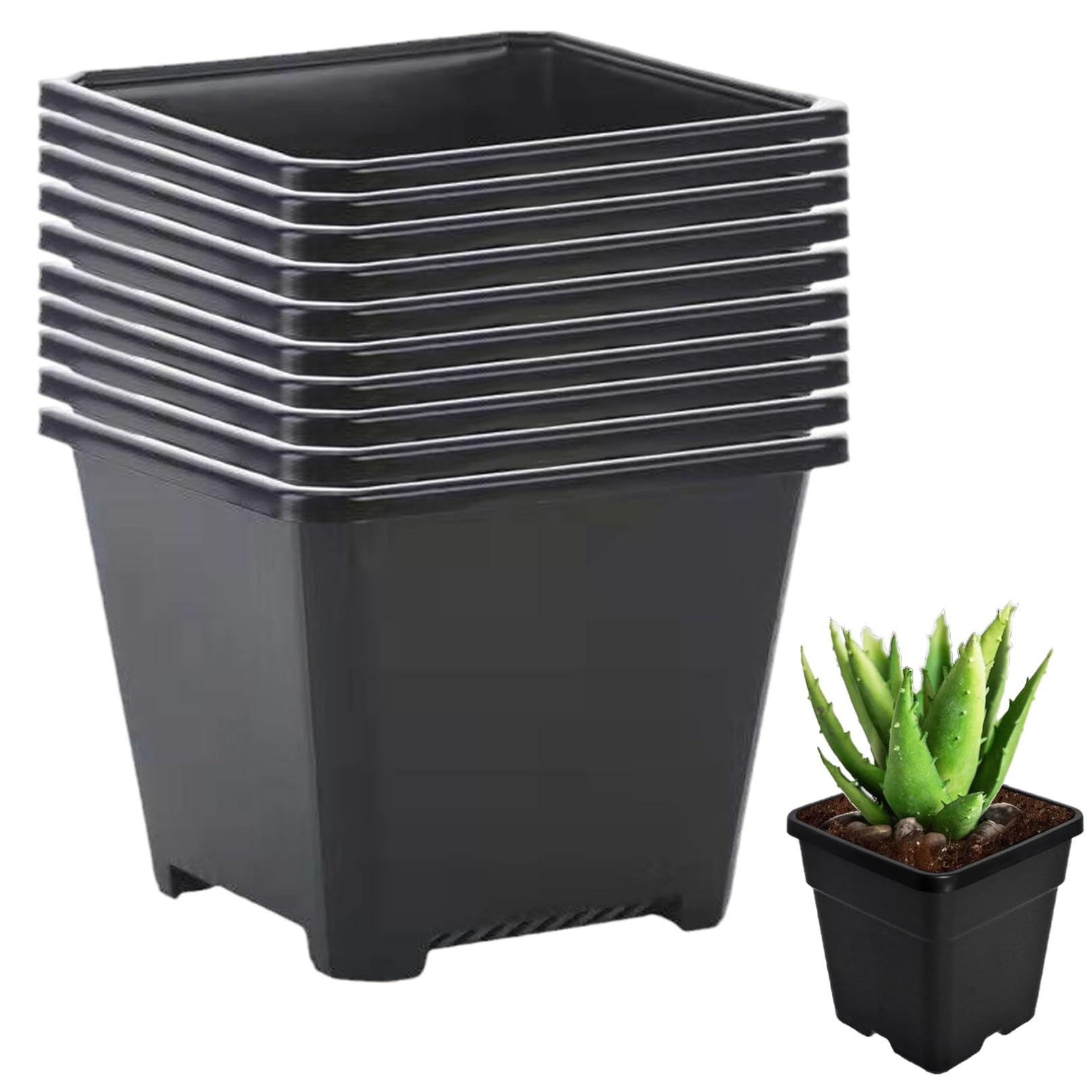 Hotainoys 10Pcs Square Planter, Plastic Nursery Pots, Flower Plant Container Suitable for Indoor Outdoor Vegetables, Succulents, Black, Nursery Pots