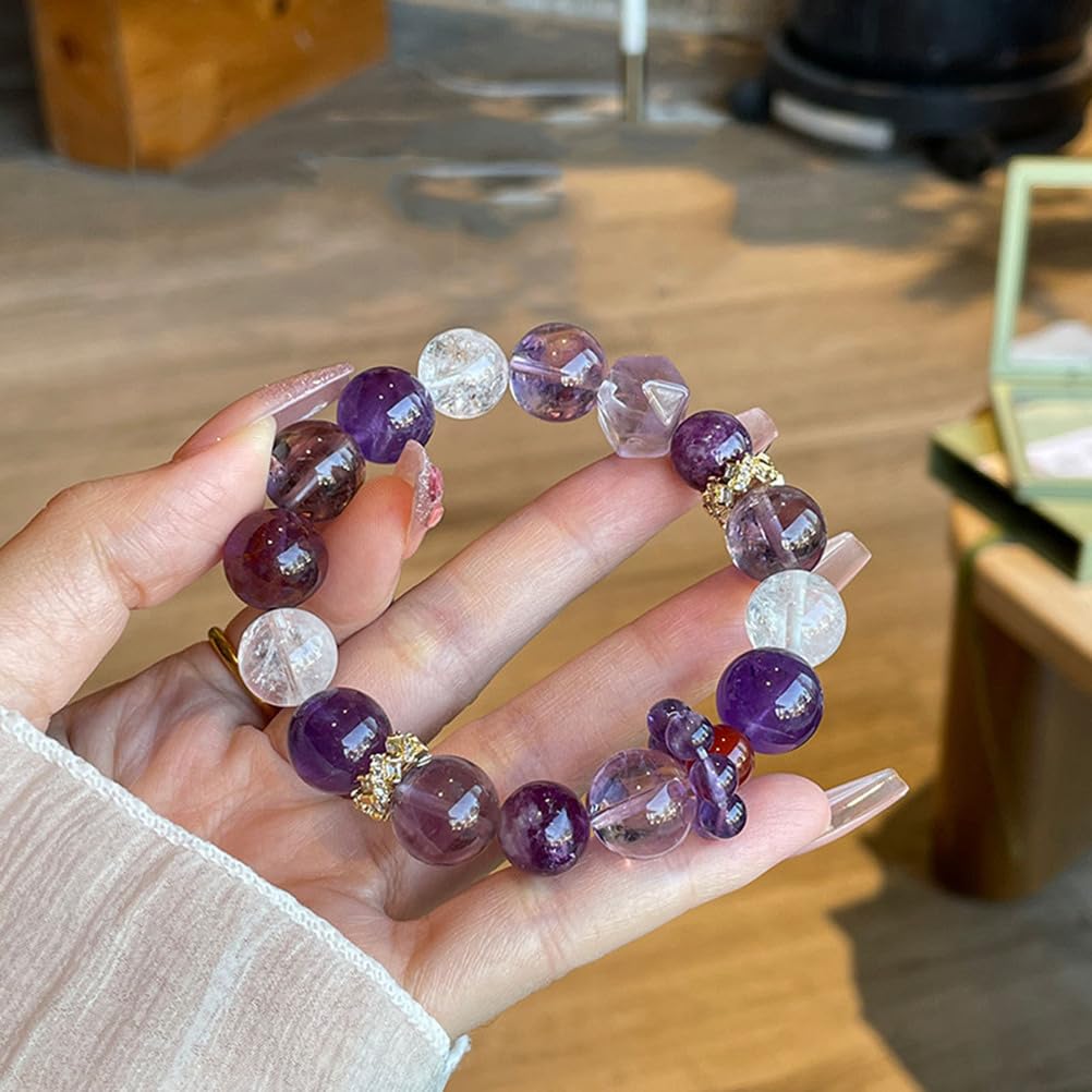 Pulsera de Cristal curativo de Amatista, Pulsera de Piedras Preciosas de energía Natural, Pulsera elástica con Cuentas de Chakras Redondas para Mujeres y niñas, Cuentas de Amatista,A