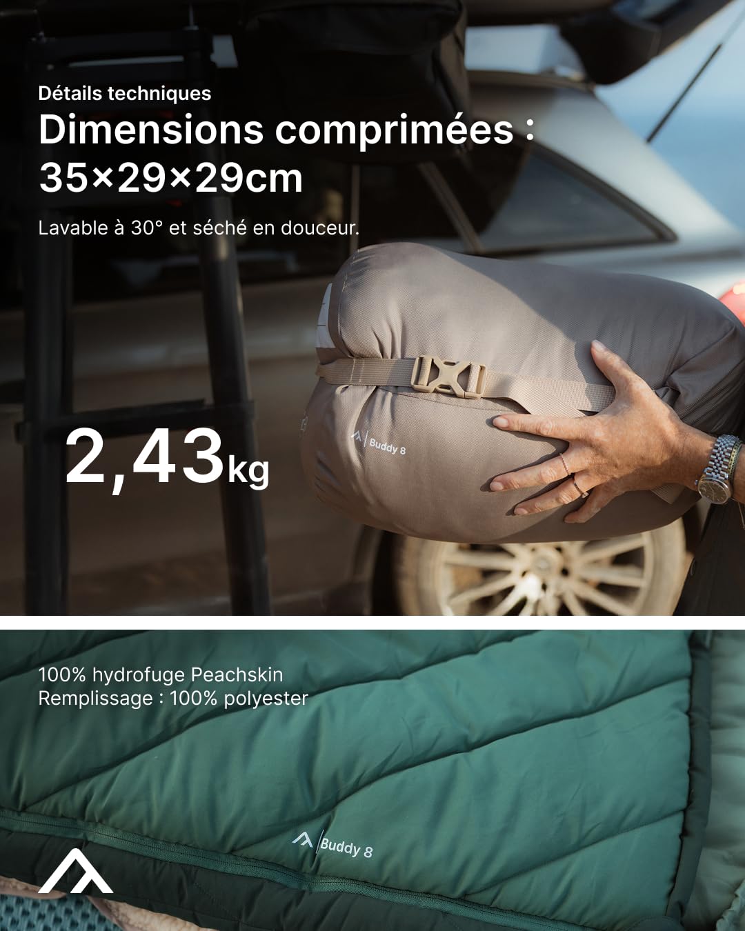 qeedo Buddy 8 Sac de Couchage Outdoor Été (8-25 °C) 3 Saisons - Sac de Couchage Momie pour Adultes et Adolescents (jusqu'à 200 cm), Compact et léger, Surface Peach Skin