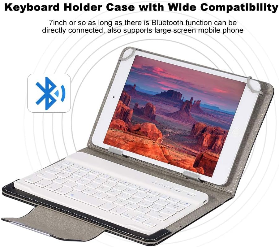 Tablet Case with White Keyboard for 7'' Tablet and Smartphone, 2-in-1 Leather Folio Cover & Bluetooth Keyboard and Stand, for Android/for iOS/for Device Universal