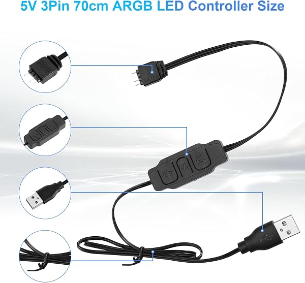 AYHWP - Controller LED ARGB da 5 V, 3 pin, 70 cm, con USB, mini controller RGB con pulsanti, ARGB per fan del PC e strisce luminose - 3