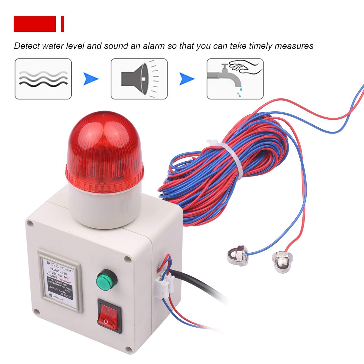 Indicador de nivel de agua, sensor de nivel de agua, alarma de tubería de agua, alarma para sensor de nivel bajo y alto con control de volumen del silenciador.
