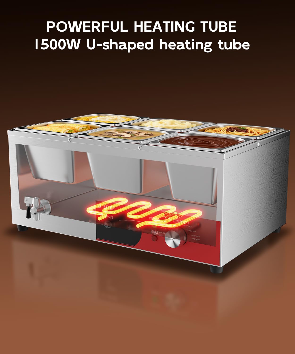 Bain-Marie Électrique 6 bacs avec Réinitialisation, Réchauffeur Électrique Commercial pour Buffet 1500W avec Robinet de Vidange et Cuillère à Soupe pour Cantines et Cafés, Contrôle de la